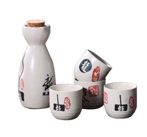 5 Pcs Ceramic Japanese Sake Set Traditional 1 Tokkuri Bottle & 4 Ochoko Cups [D]