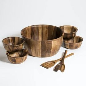 7 Piece - X-Large Salad Bowl with Servers and 4 Individuals (Color: brown)